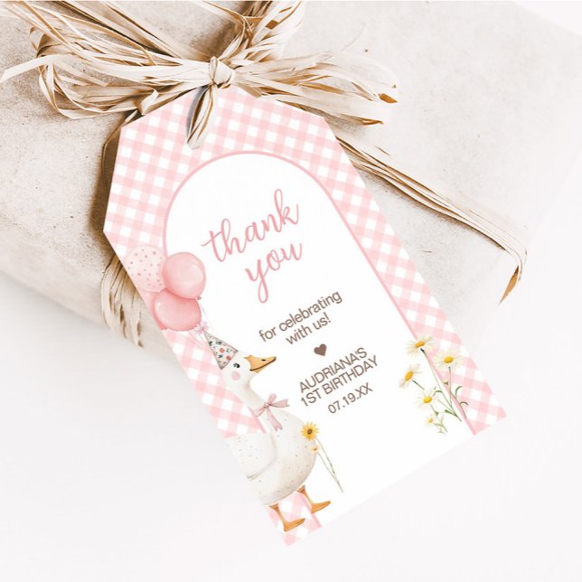 Étiquettes-cadeau en vichy Silly Goose Anniversaire Fête Favoriser T (Pink Gingham Silly Goose Birthday Party Favor Tags)