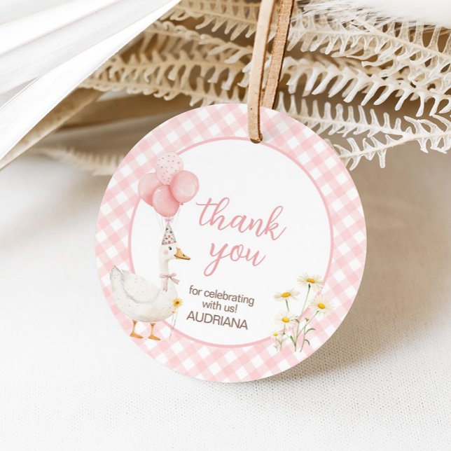Étiquettes Cadeau en vichy Soie d'Oie Anniversaire (Pink Gingham Silly Goose Birthday Party Round Favor Tags)