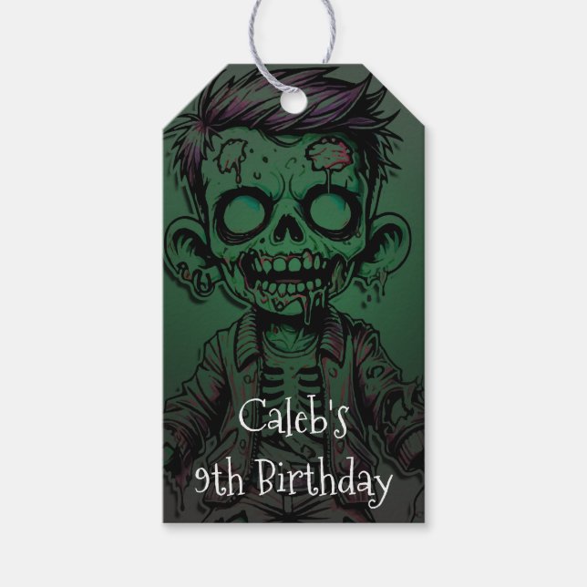 Étiquettes-cadeau Enfant Zombie Vert & Fête d'anniversaire Halloween (Devant)