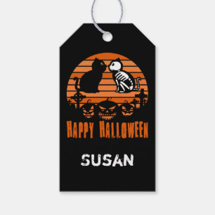 Étiquettes-cadeau Enfants Joyeux Halloween Chat Squelette Rétro Couc