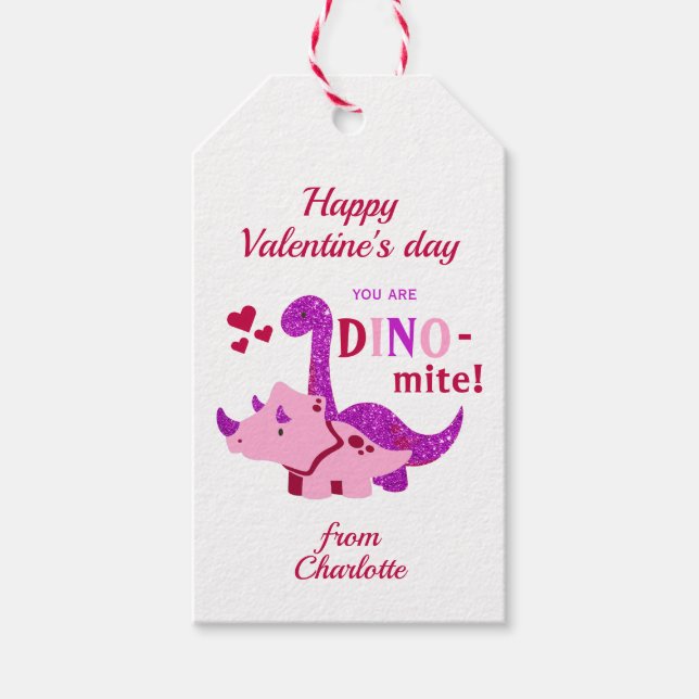 Étiquettes-cadeau Enfants Valentines Day Girly Dinosaur Dino-mite (Devant)