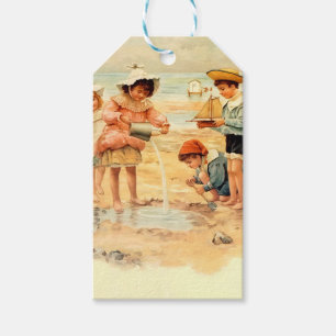 Étiquettes-cadeau Enfants victoriens vintage à la plage, Beaux-Arts