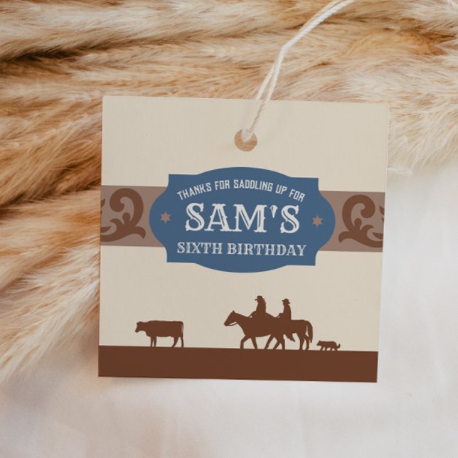 Étiquettes Cadeau Enfants Western Anniversaire Party Bleu/Merci Brow (Créateur téléchargé)