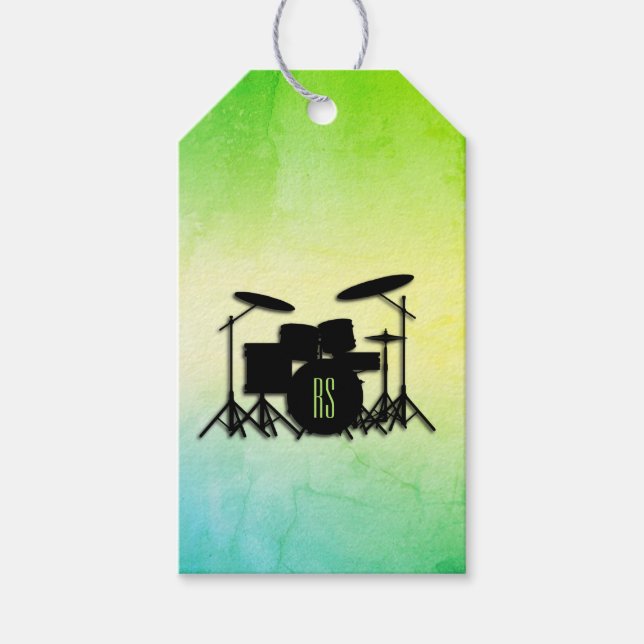 Étiquettes-cadeau Ensemble de tambour monogramme vert (Devant)