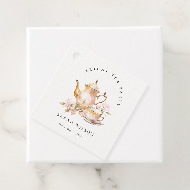 Étiquettes Cadeau Ensemble de thé floral or rose pour fête de mariag (En situation)