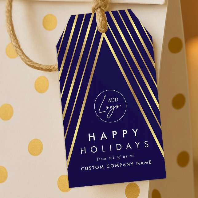 Étiquettes-cadeau Entreprise Logo Marine Arbre de Noël Or (Elegant navy blue and gold Christmas tree holiday gift tags with your custom logo)