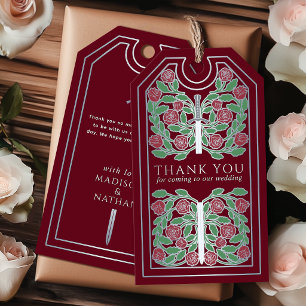 Étiquettes-cadeau Épée argentée médiévale rouge Mariage Remerciement