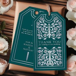 Étiquettes-cadeau Épée médiévale argentée sarcelle Mariage Merci