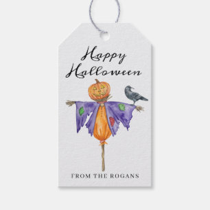 Étiquettes-cadeau Épouvantail d'Halloween avec Citrouille