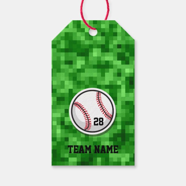 Étiquettes-cadeau Équipe de baseball NUMÉRO NOM Gazon Vert Pixelisé (Devant)