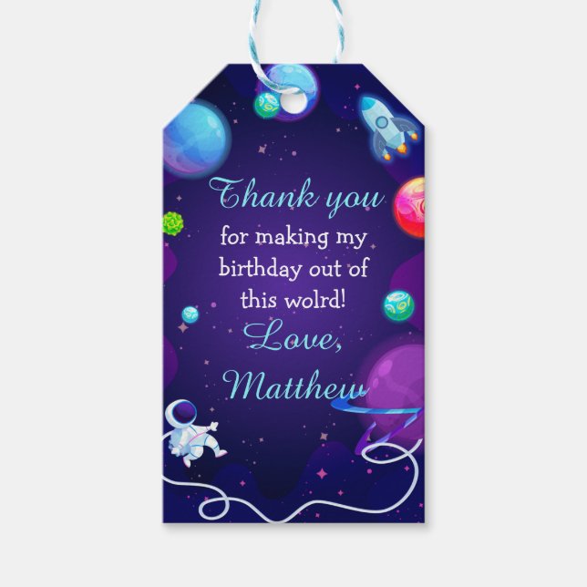 Étiquettes-cadeau Espace Extérieur Anniversaire Blue Astronaut Plane (Devant)