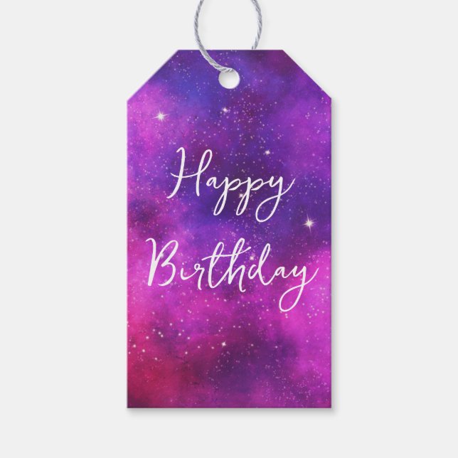 Étiquettes-cadeau Espace rose et violet & Étoiles Faux Galaxy Annive (Devant)