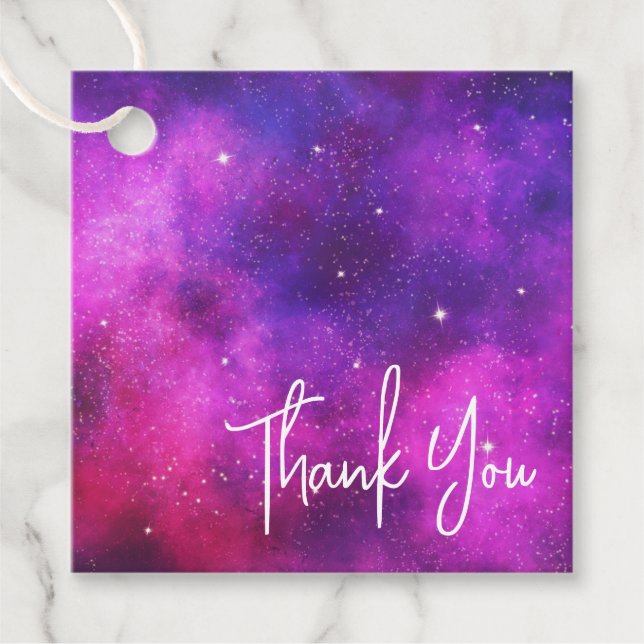 Étiquettes Cadeau Espace rose et violet & Étoiles Faux Galaxy Merci (Devant)