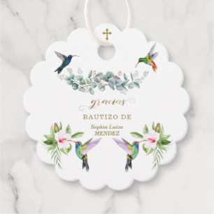 Étiquettes Cadeau Espagnol Hibiscus rose Fleurs Eucalyptus Bautizo