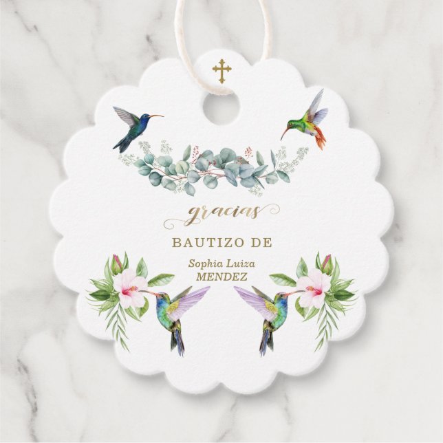 Étiquettes Cadeau Espagnol Hibiscus rose Fleurs Eucalyptus Bautizo (Devant)