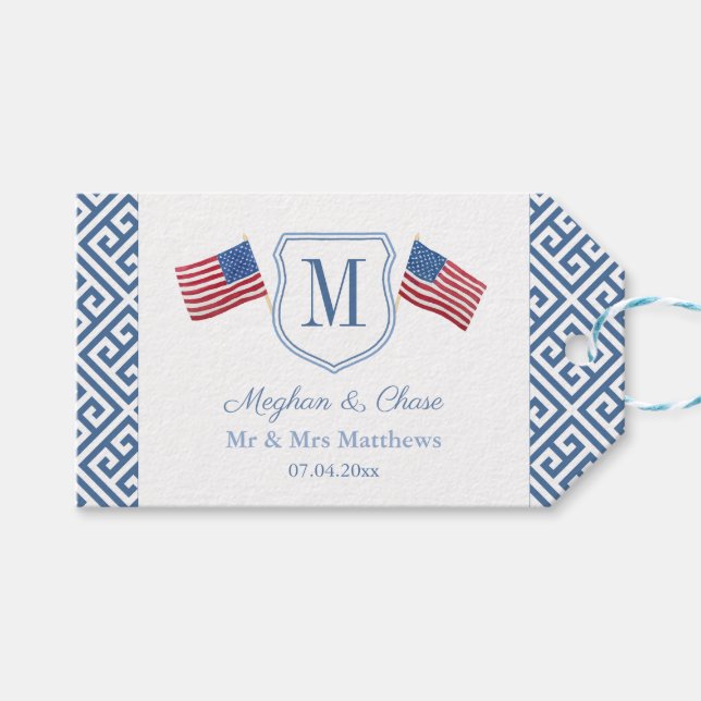 Étiquettes-cadeau États-Unis drapeaux Patriotique Monogram Crest Wed (Devant (Horizontal))