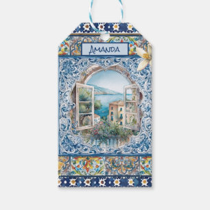 Étiquettes-cadeau été italie carreaux bleu floral citrus monogramme