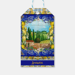 Étiquettes-cadeau été italien Majolica bleu tuiles citrus monogramme