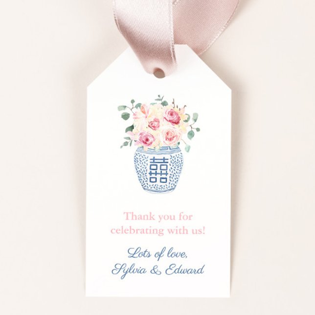 Étiquettes-cadeau Été rose Roses Fille Baby shower Merci (Pretty pastel pink roses bouquet in ginger jar vase wedding or baby shower favor tags)
