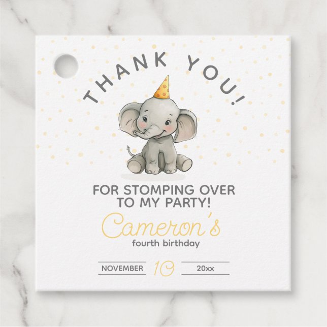 Étiquettes Cadeau Éteignez sur, mignon anniversaire de enfant élépha (Devant)