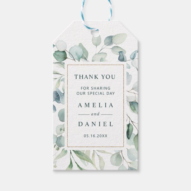 Étiquettes-cadeau Ethereal Eucalyptus Gold Merci Mariage vert (Devant)