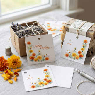 Étiquettes Cadeau Etiquette Fleurie Anniversaire Orange Marigold Aqu