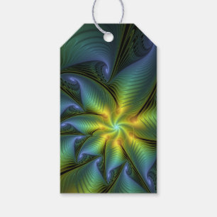 Étiquettes-cadeau Étoile abstraite, art fractal doré bleu vert brill