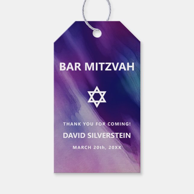 Étiquettes-cadeau Étoile bleue violette moderne David Bar Mitzvah hé (Devant)