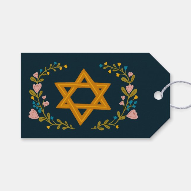 Étiquettes-cadeau Étoile de David Dessin Floral Hanukkah Personnalis (Devant (Horizontal))