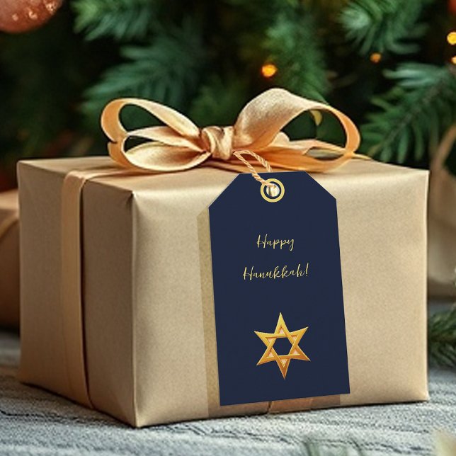 Étiquettes-cadeau Étoile de David dorée Hanukkah bleu marine (Créateur téléchargé)