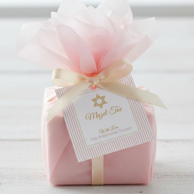 Étiquettes Cadeau Étoile de David Mazel Tov à rayu (Elegant Mazel Tov Jewish Baby Girl Congratulations Gift Tags. Modern Pink Stripes Gold Star of David)