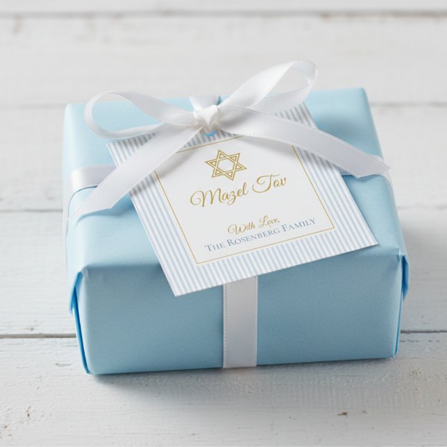 Étiquettes Cadeau Étoile de David Rayures Bleues M (Modern Jewish Star of David & Elegant Blue Stripes Congratulations Mazel Tov Gift Tags for Baby Boy)