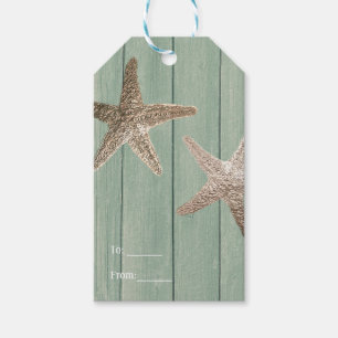 Étiquettes-cadeau Étoile de mer dorée & Bois Faveur de plage élégant