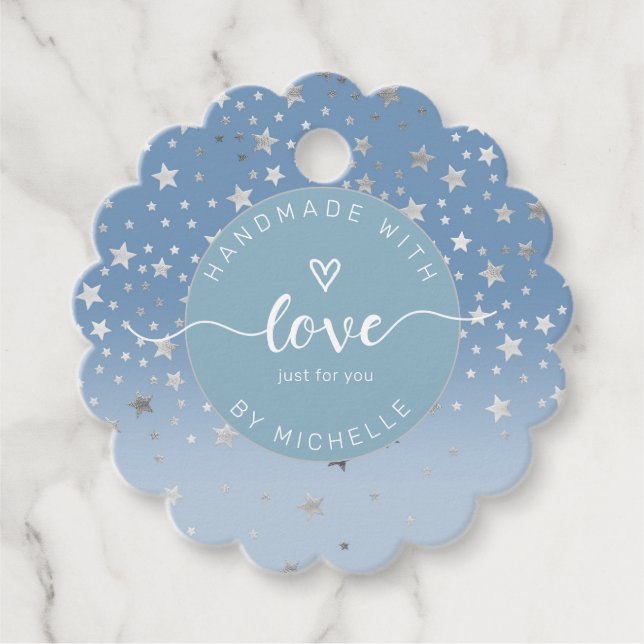 Étiquettes Cadeau étoiles d'argent fait à la main avec monogramme d' (Devant)