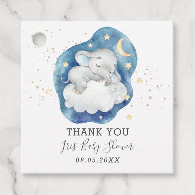 Étiquettes Cadeau Étoiles Eléphant couchant mou Baby Boy Merci (Devant)