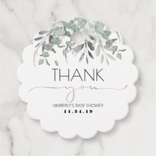 Étiquettes Cadeau Eucalyptus Baby shower vert argent Merci