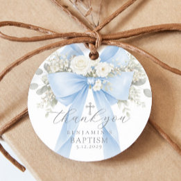 Étiquettes Cadeau Eucalyptus Blue Bow Baptism Thank you
