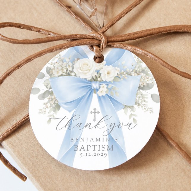Étiquettes Cadeau Eucalyptus Blue Bow Baptism Thank you (Créateur téléchargé)