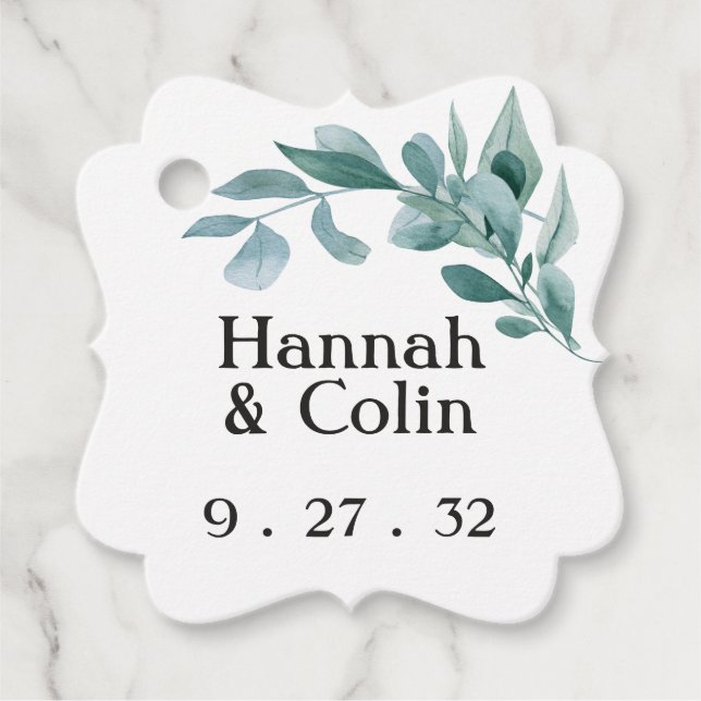 Étiquettes Cadeau Eucalyptus Cadre Vert Bleu Blanc Blanc Fancy (Devant)