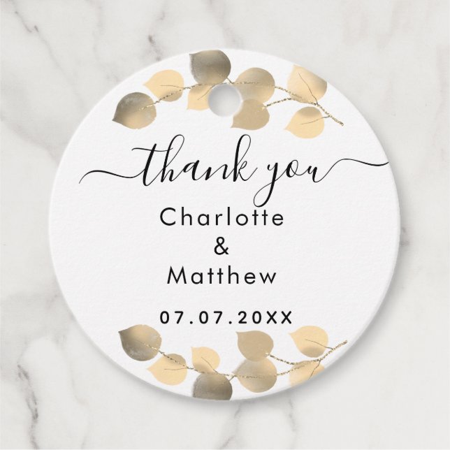 Étiquettes Cadeau Eucalyptus golden merci mariage (Devant)