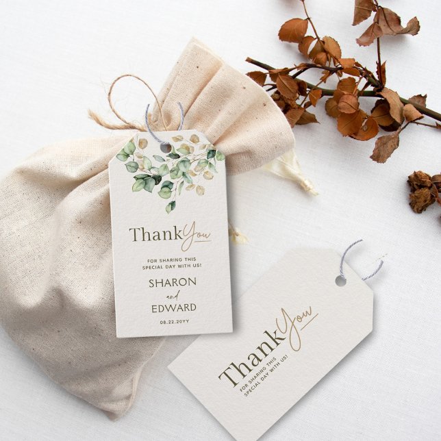 Étiquettes-cadeau Eucalyptus Verdure & Or Chic Mariage Merci (Créateur téléchargé)