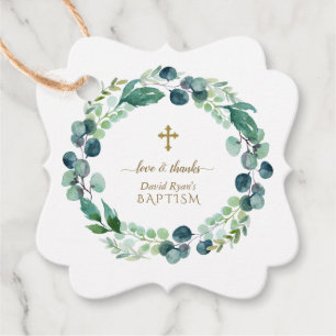 Étiquettes Cadeau Eucalyptus verdure Wreath Gold Cross Baptême