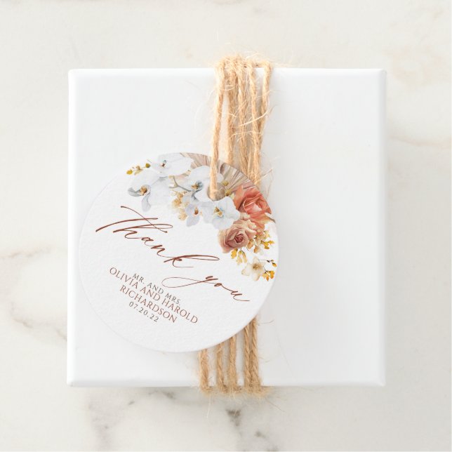 Étiquettes Cadeau Exotique Terrracotta Floral Élégant Bohème Merci (En situation)