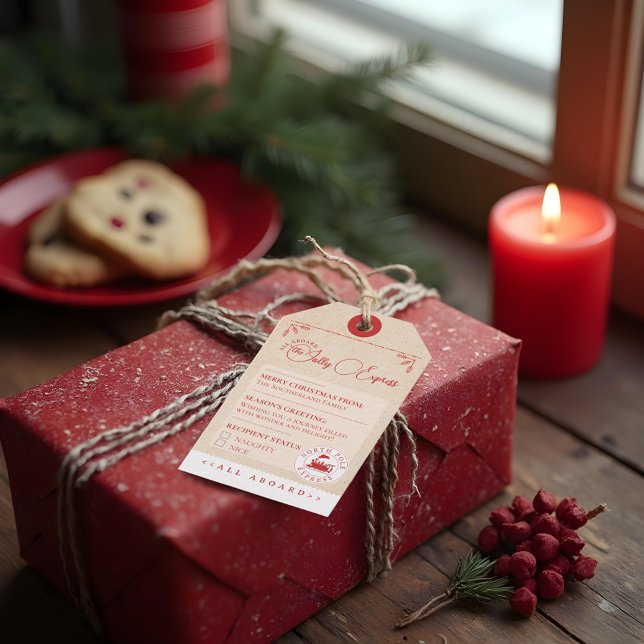 Étiquettes-cadeau Express du Pôle Nord amusant Billets de train Noël (Fun North Pole Express Train Ticket Christmas Gift Tags)