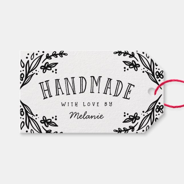 Étiquettes-cadeau Fabriqué à la main avec l'amour Sketched Floral De (Devant (Horizontal))
