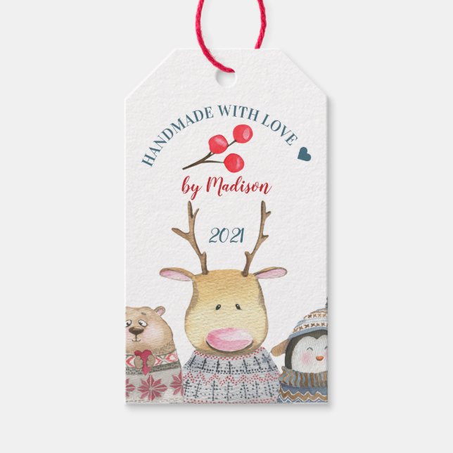 Étiquettes-cadeau Fabriqué avec amour Animaux mignons hiver (Devant)