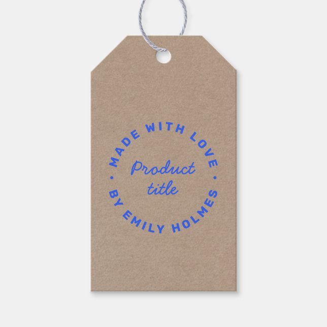Étiquettes-cadeau Fabriqué avec Amour | Bleu Rustique Kraft Style Ré (Devant)