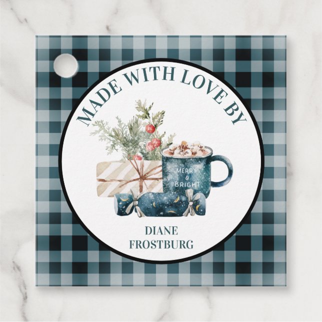 Étiquettes Cadeau "Fabriqué avec amour par" Nourriture de Noël bleu  (Devant)