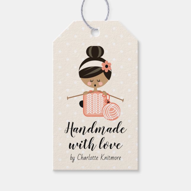 Étiquettes-cadeau Fabriqué avec l'amour Knitter Cheveux Noir Tone de (Devant)