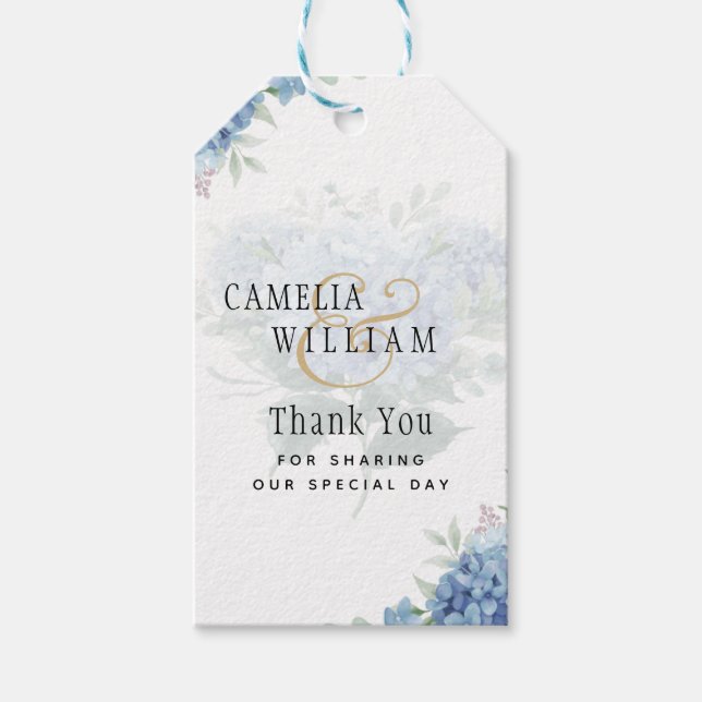 Étiquettes-cadeau Faire-part de mariage avec photo d'hydrangea bleu  (Devant)